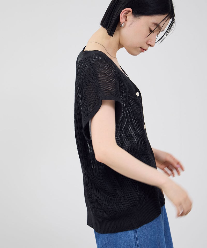 Idnes  麻タッチVネック ニットベスト ゴールドボタン レディース商品画像-11