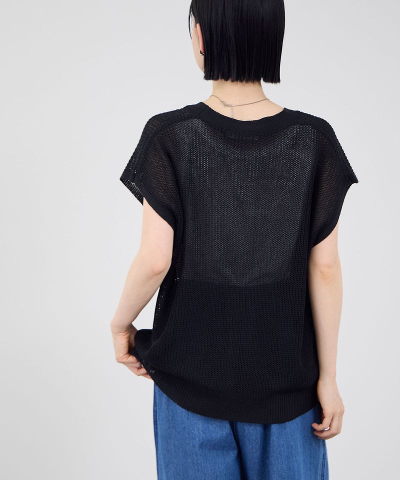 Idnes  麻タッチVネック ニットベスト ゴールドボタン レディース商品画像-12