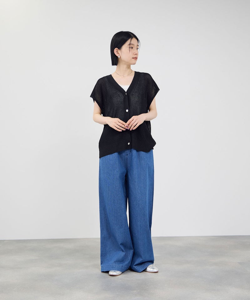 Idnes  麻タッチVネック ニットベスト ゴールドボタン レディース商品画像-14