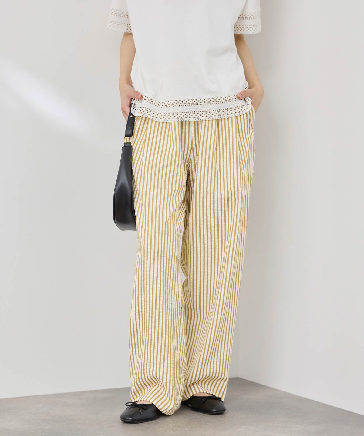  [期間限定価格]NAVY SARARI サッカーストライプイージーパンツ レディース