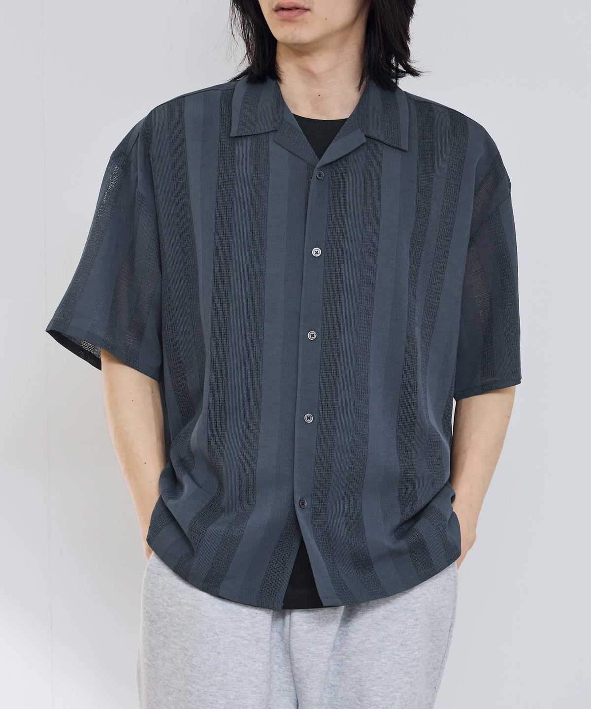 URBAN COLLECTION ストライプ 無地オープンカラーシャツ メンズ
