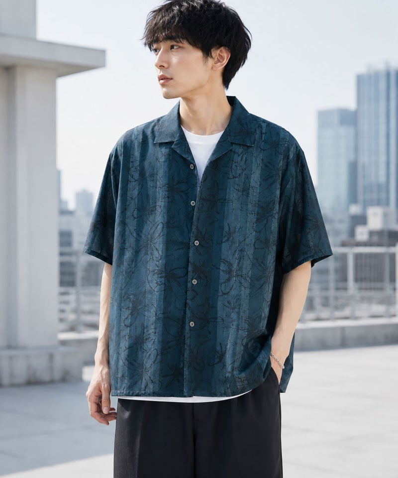 URBAN COLLECTION  ストライプ 総柄オープンカラーシャツ メンズ商品画像-1