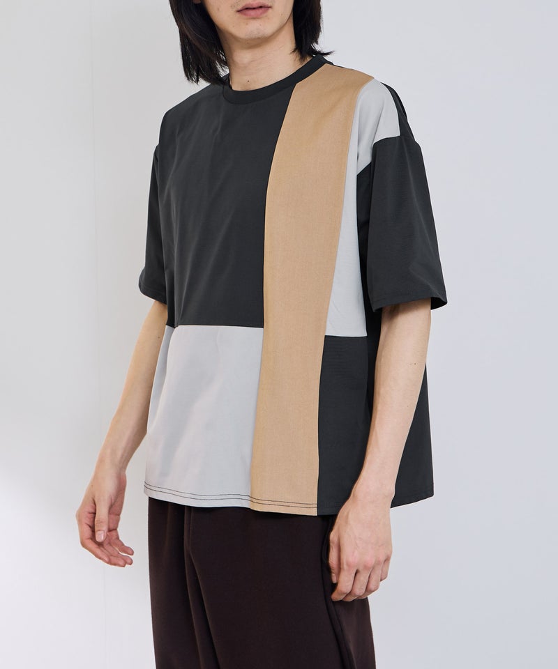 URBAN COLLECTION 天竺 異素材ブロック切替 ルーズシルエットTシャツ メンズ メール便 対応商品商品画像-3