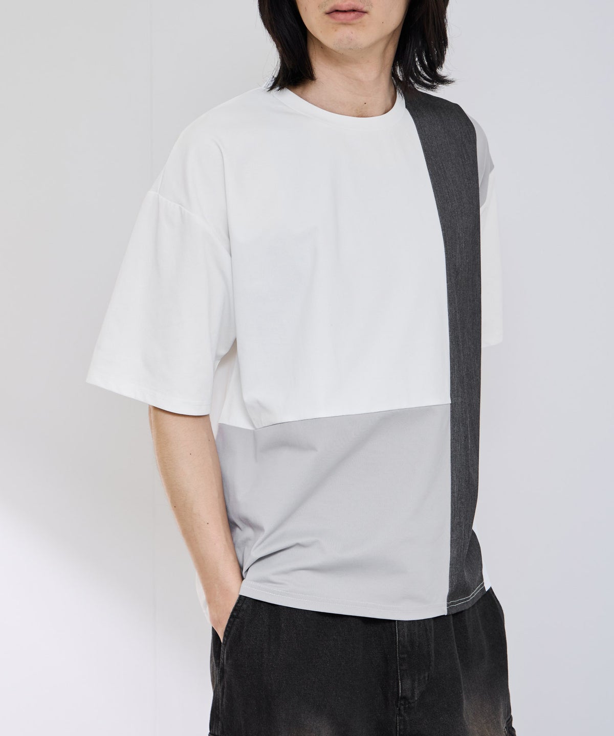 URBAN COLLECTION 天竺 異素材ブロック切替 ルーズシルエットTシャツ メンズ メール便 対応商品
