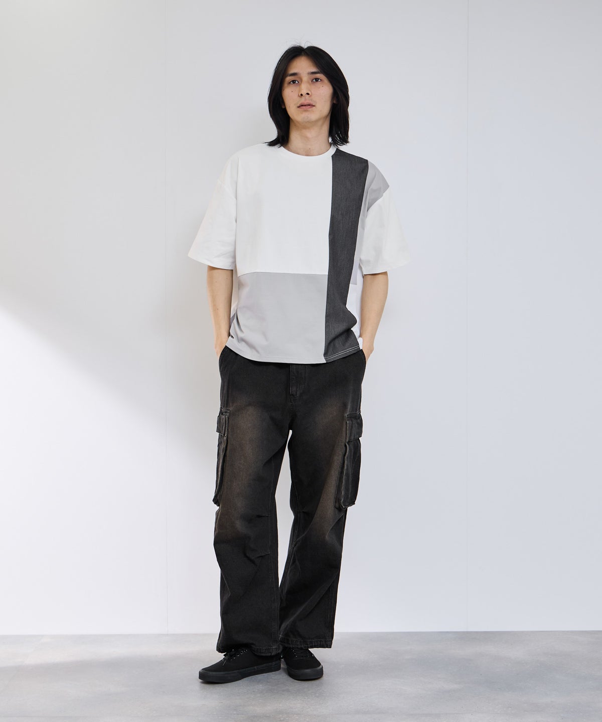 URBAN COLLECTION 天竺 異素材ブロック切替 ルーズシルエットTシャツ メンズ メール便 対応商品