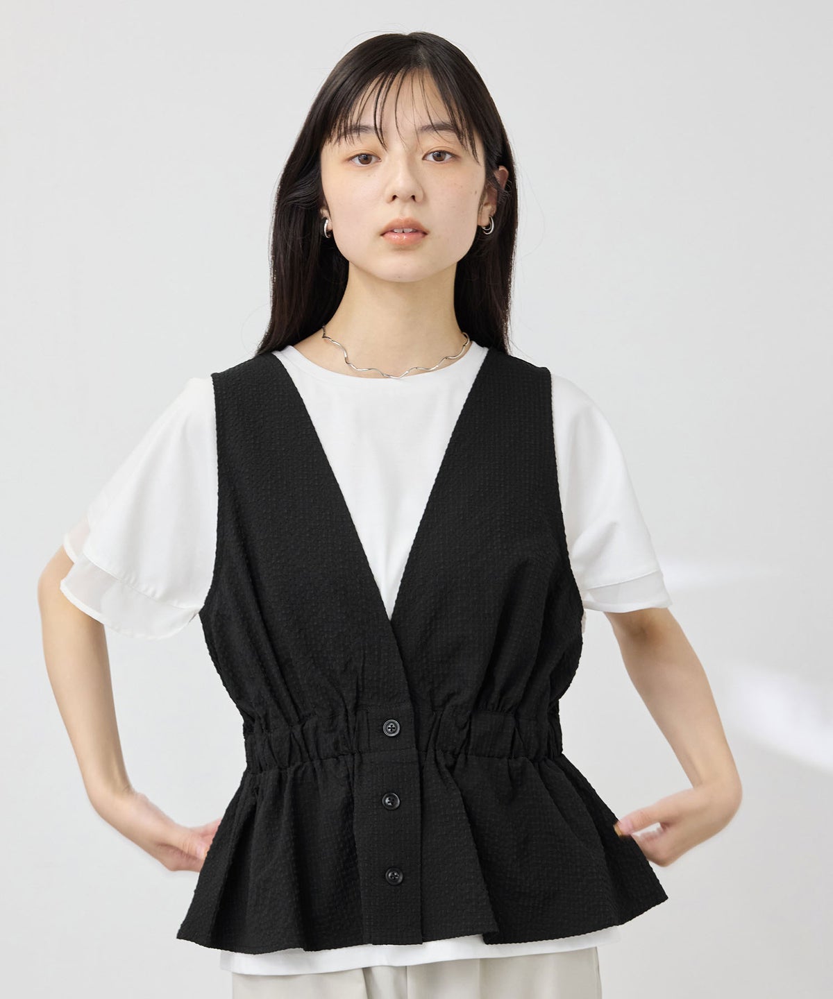 NAVY SARARI サッカーチェック ギャザーペプラムジレ レディース