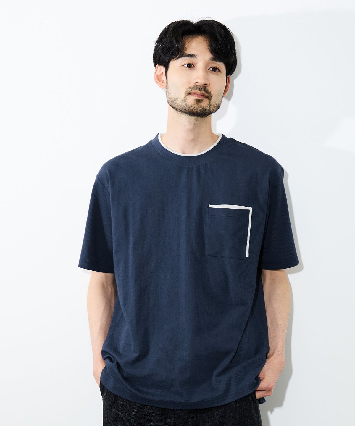 NAVY SARARI 冷感フェイクレイヤード ポケット半袖Tシャツ メンズ メール便 対応商品