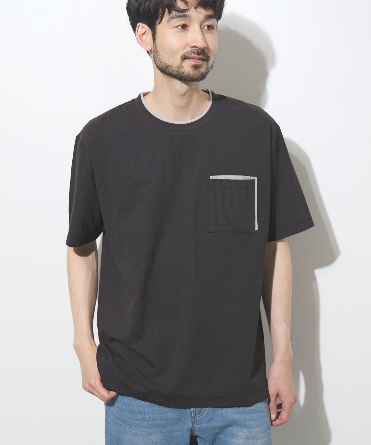 NAVY SARARI 冷感フェイクレイヤード ポケット半袖Tシャツ メンズ メール便 対応商品