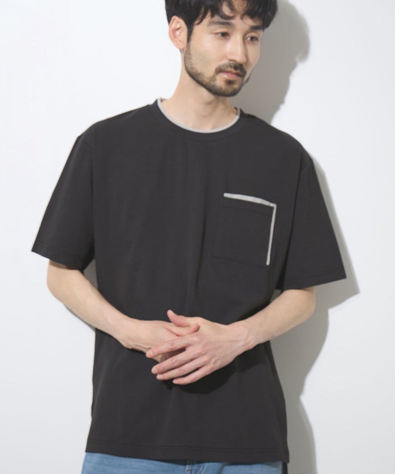 [値下げ]NAVY  SARARI 冷感フェイクレイヤード ポケット半袖Tシャツ メンズ メール便 対応商品商品画像-5