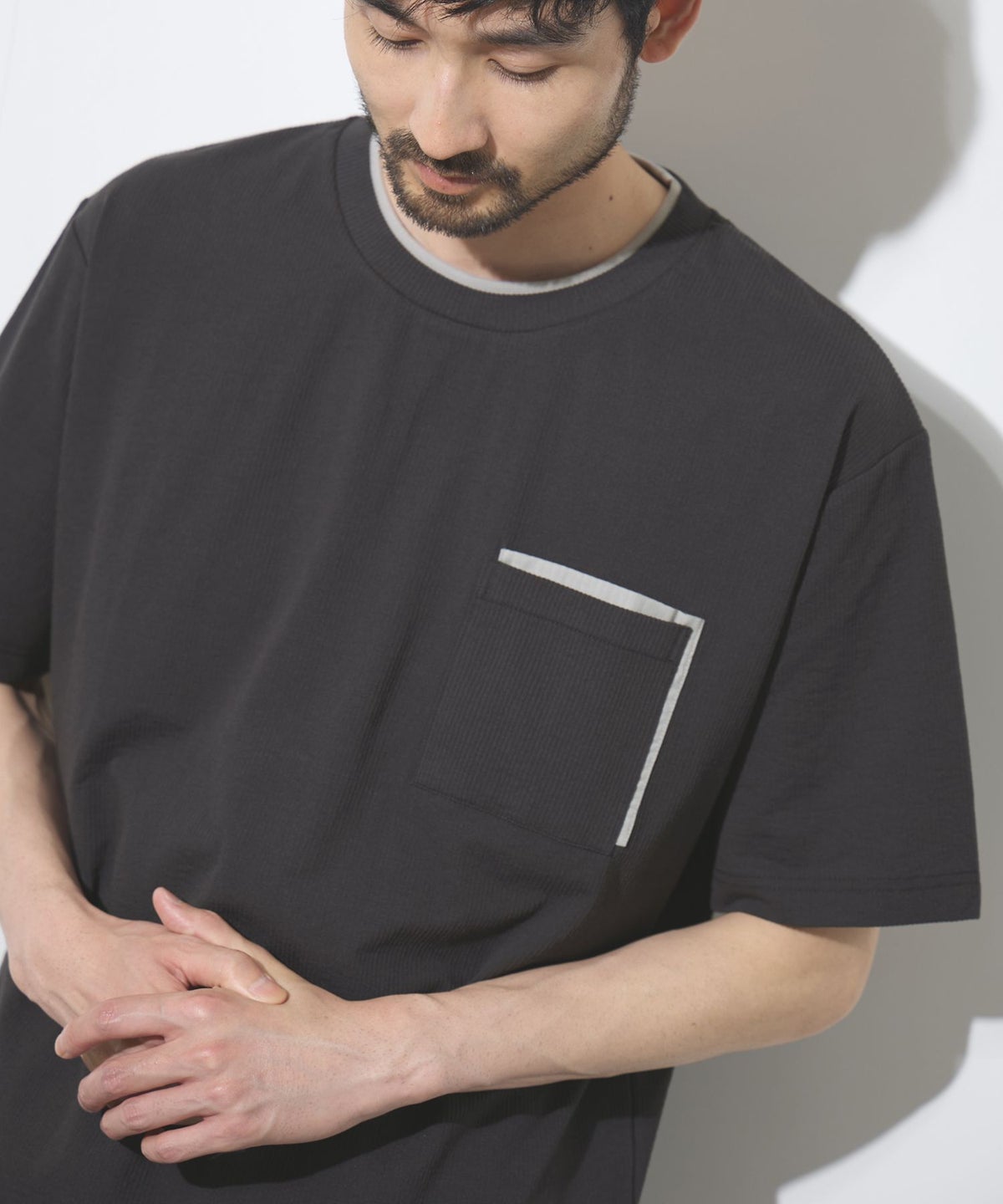 NAVY SARARI 冷感フェイクレイヤード ポケット半袖Tシャツ メンズ メール便 対応商品