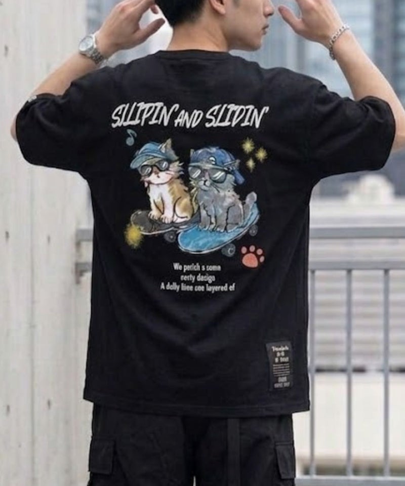 アニマル 発泡プリント半袖Tシャツ 猫スケボー メンズ メール便 対応商品商品画像-2