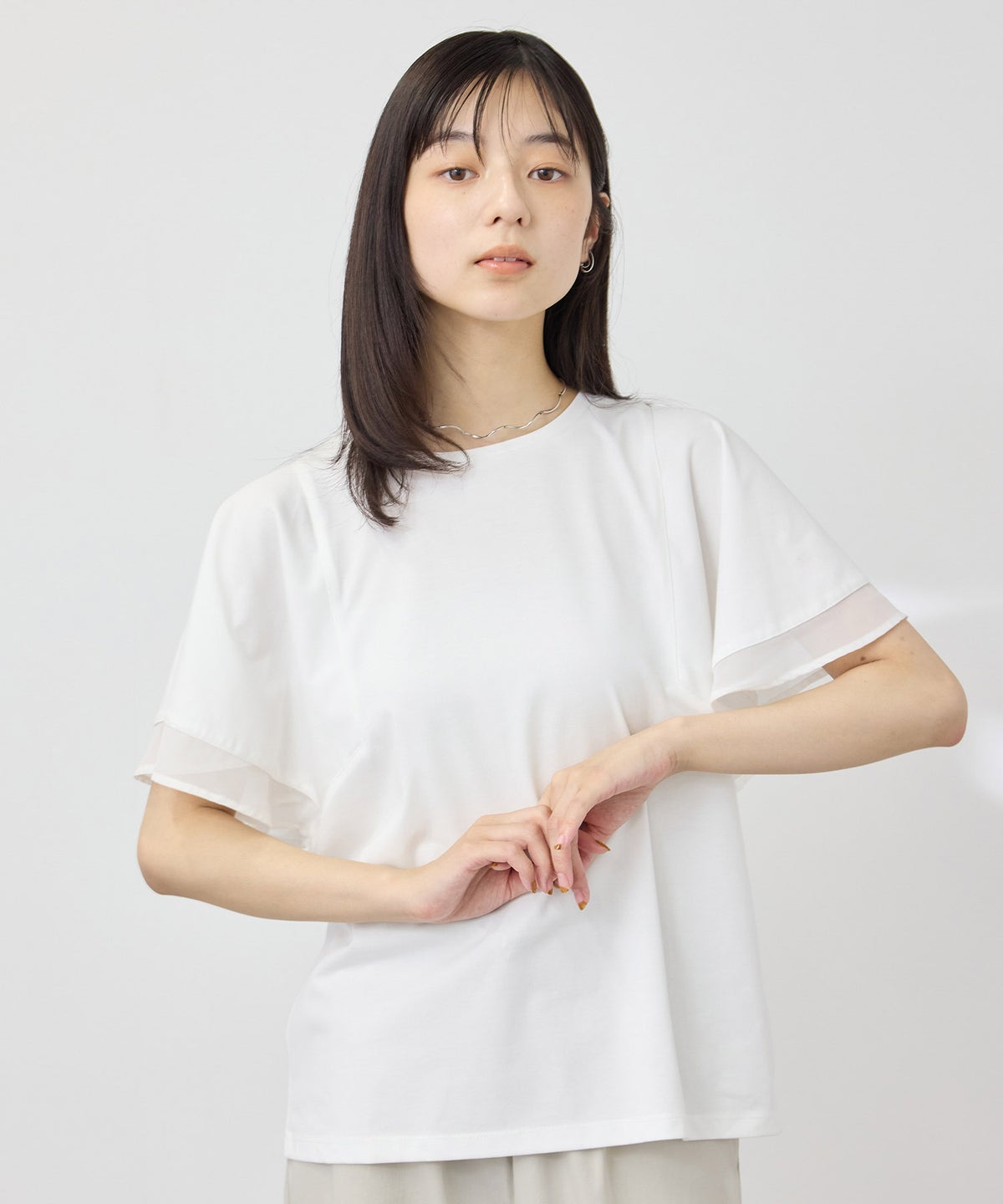NAVY SARARI 冷感 シフォン使いフレアスリーブUVカットTシャツ レディース メール便 対応商品