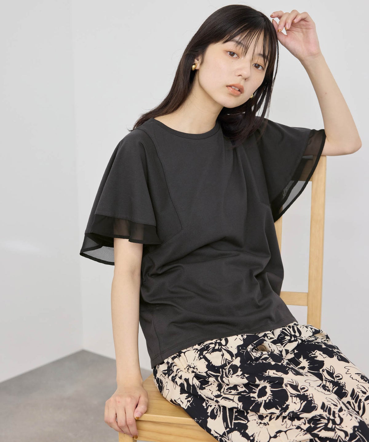 NAVY SARARI 冷感 シフォン使いフレアスリーブUVカットTシャツ レディース メール便 対応商品