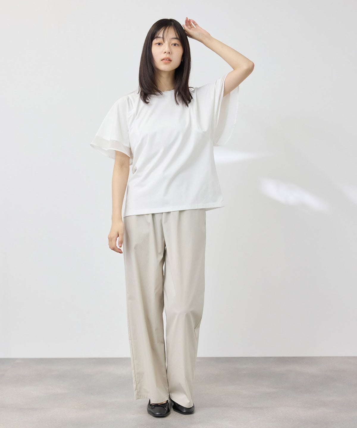 NAVY SARARI 冷感 シフォン使いフレアスリーブUVカットTシャツ レディース メール便 対応商品