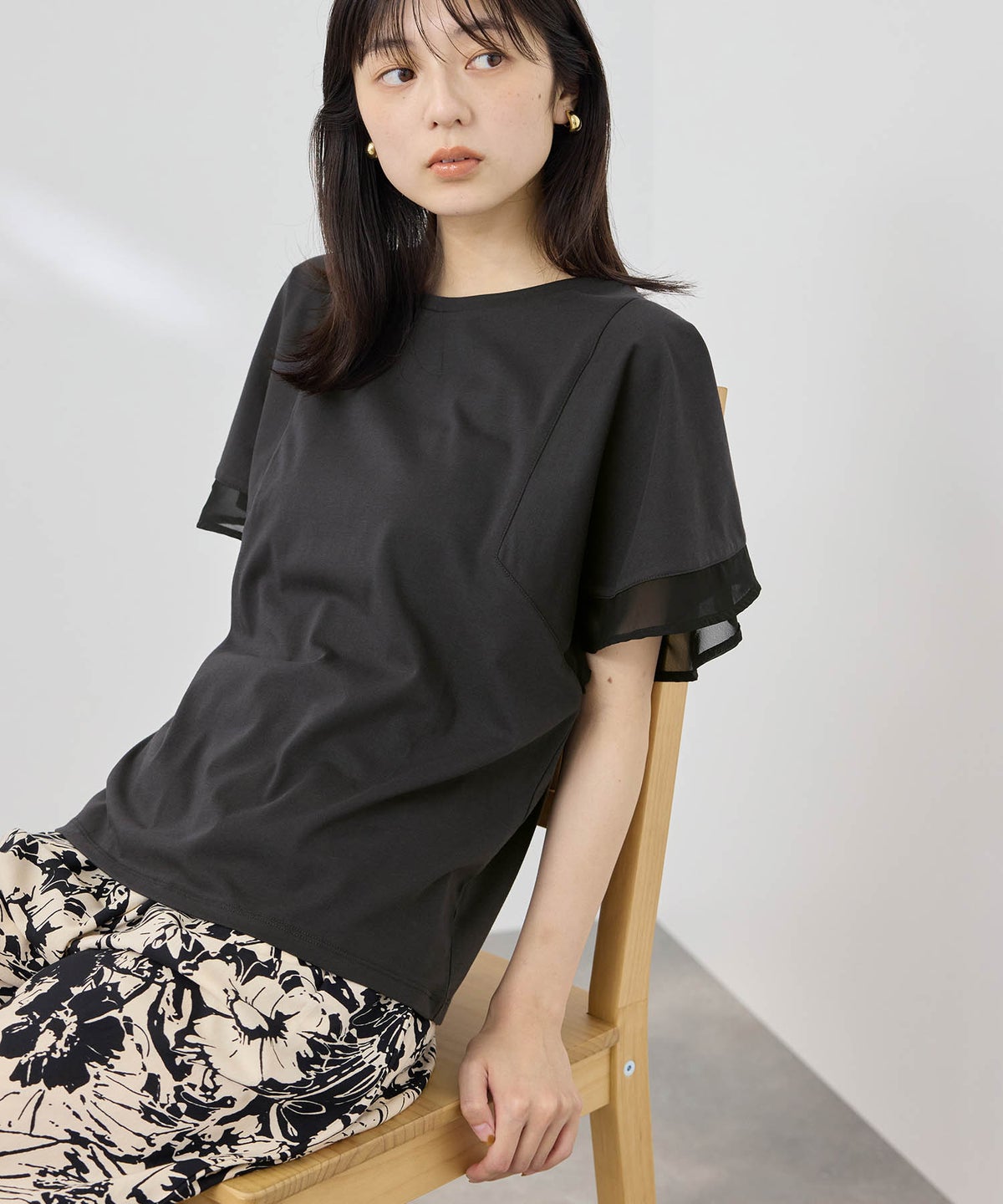 NAVY SARARI 冷感 シフォン使いフレアスリーブUVカットTシャツ レディース メール便 対応商品