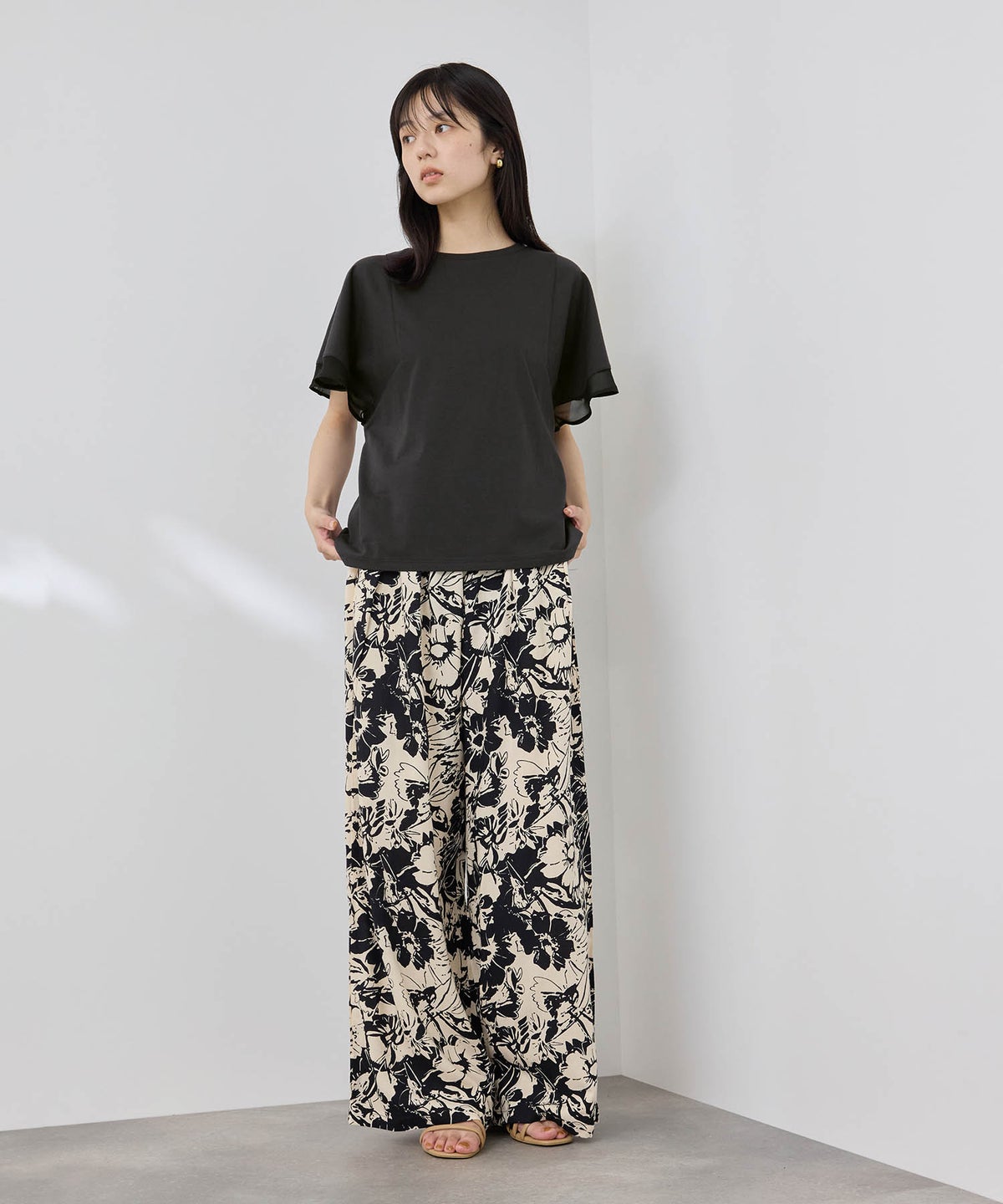 NAVY SARARI 冷感 シフォン使いフレアスリーブUVカットTシャツ レディース メール便 対応商品