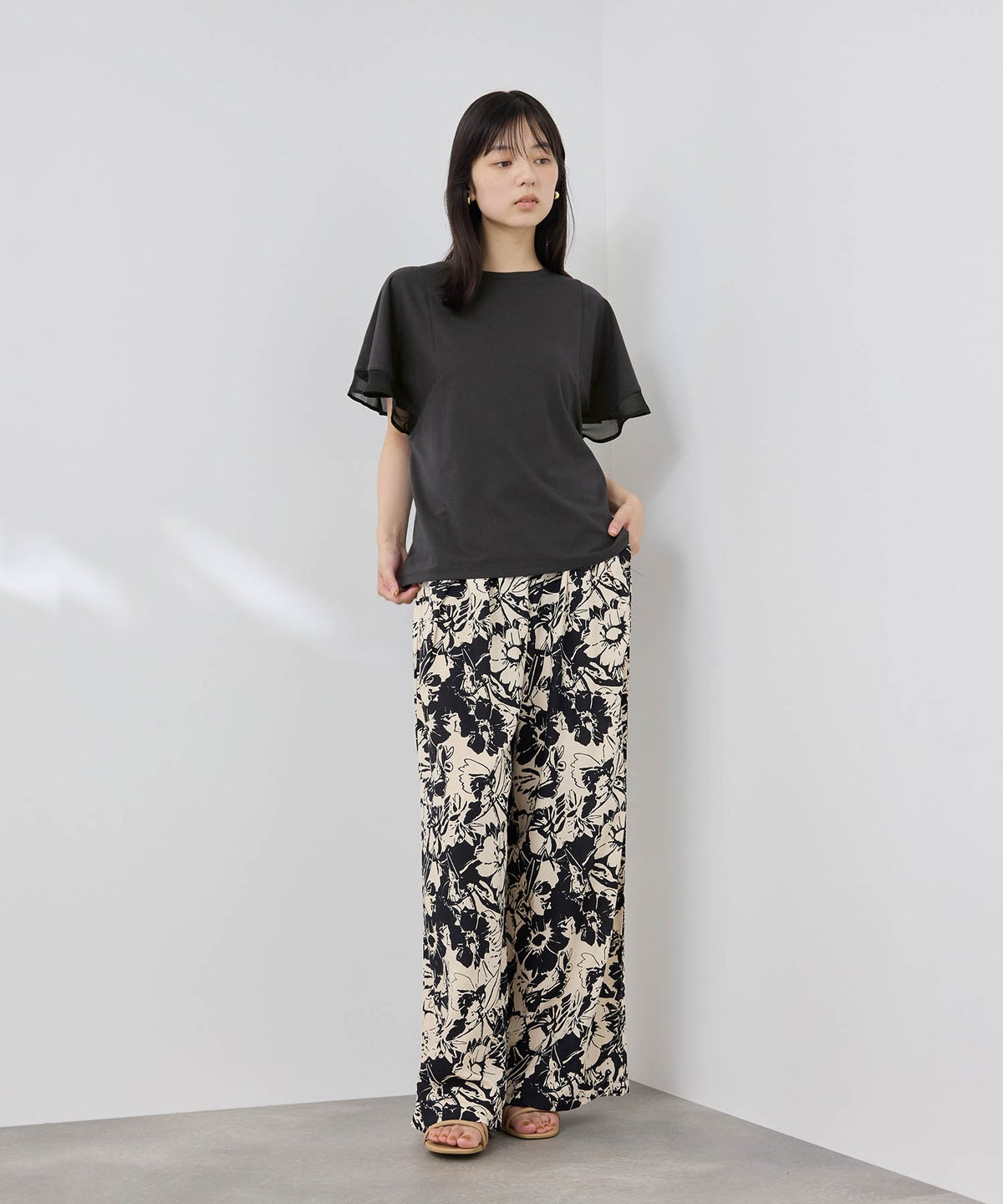 NAVY SARARI 冷感 シフォン使いフレアスリーブUVカットTシャツ レディース メール便 対応商品