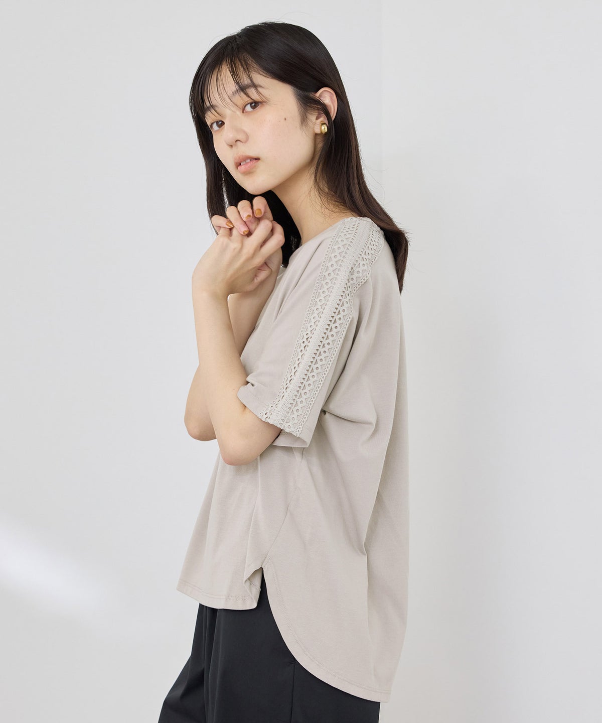 NAVY SARARI 冷感 ショルダーレースUVカットTシャツ レディース メール便 対応商品