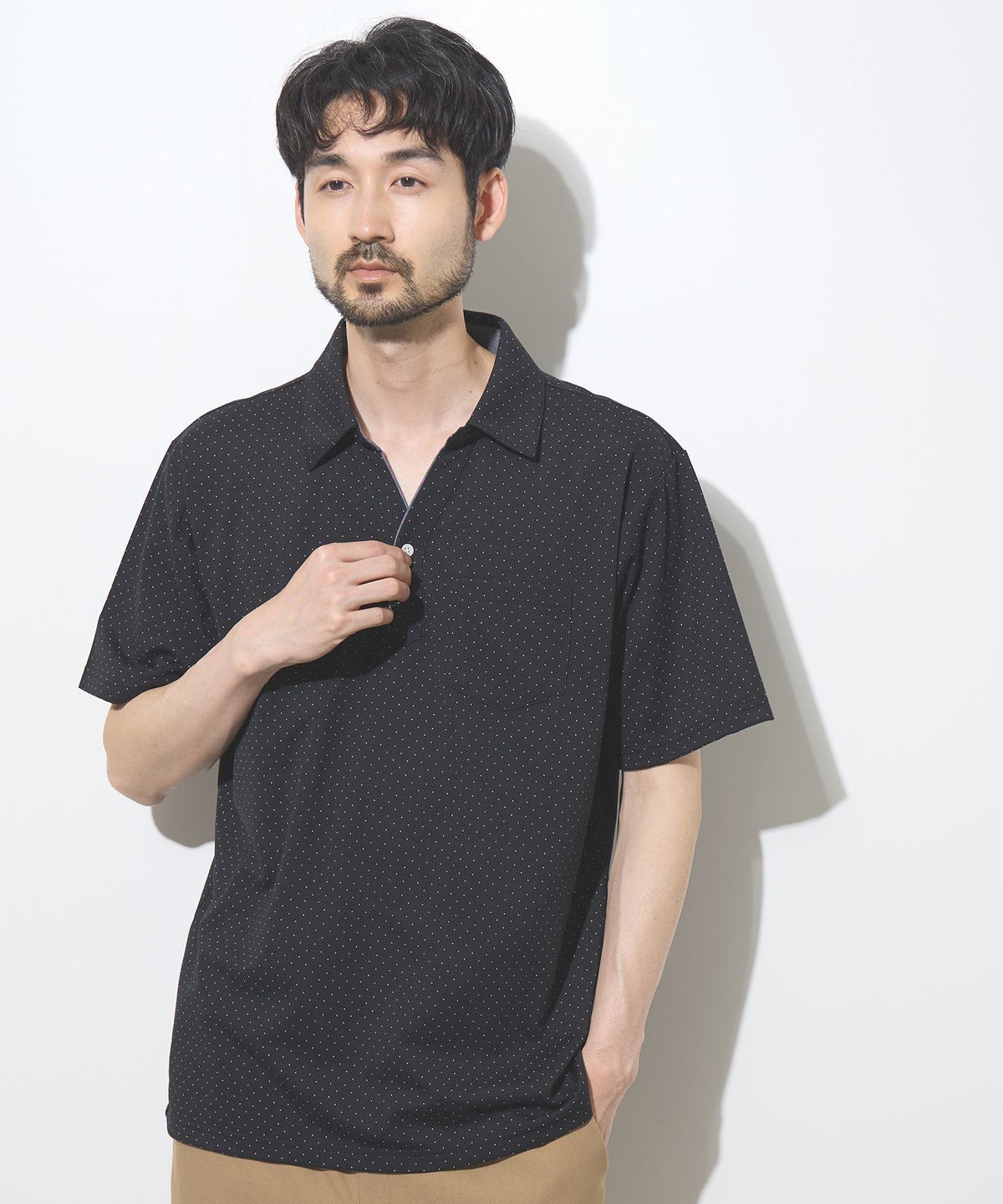 NAVY SARARI 鹿の子 ドット柄スキッパーポロシャツ メンズ