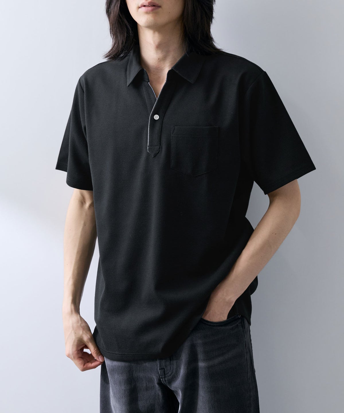 NAVY SARARI リップル 無地スキッパーポロシャツ メンズ