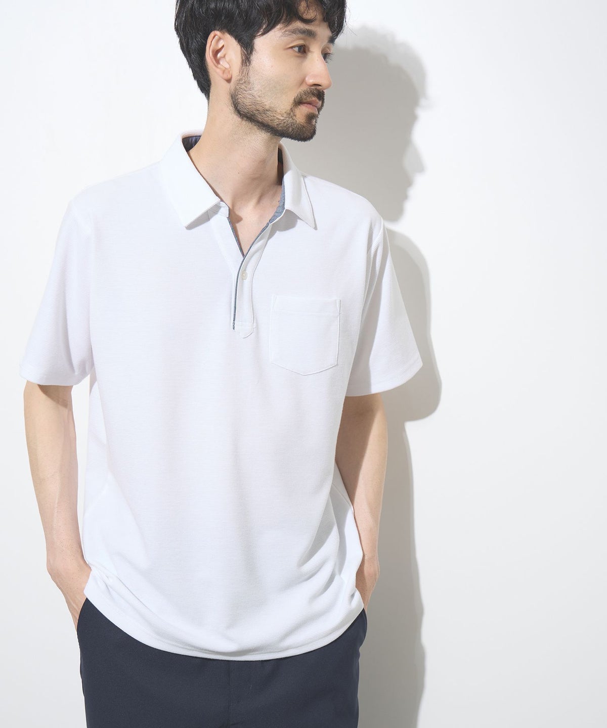 NAVY SARARI リップル 無地スキッパーポロシャツ メンズ