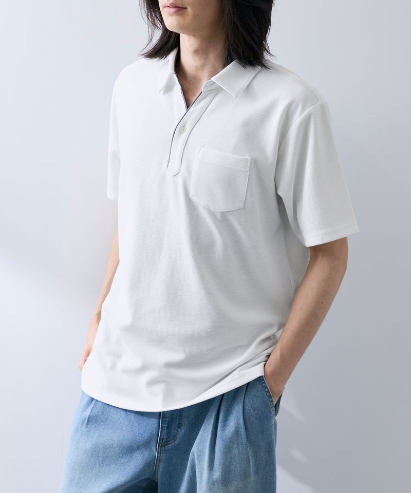 NAVY SARARI リップル 無地スキッパーポロシャツ メンズ商品画像-2