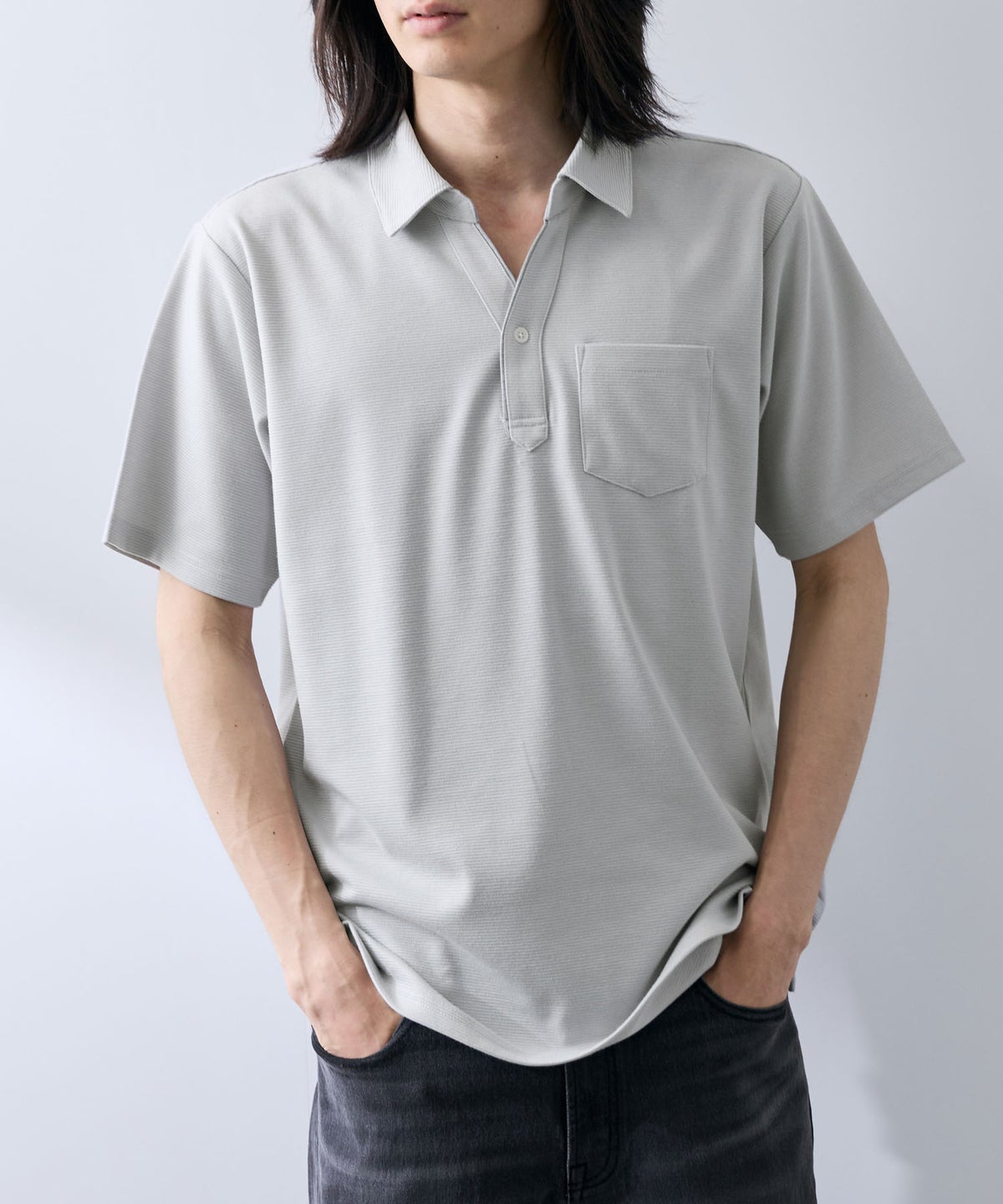 NAVY SARARI リップル 無地スキッパーポロシャツ メンズ