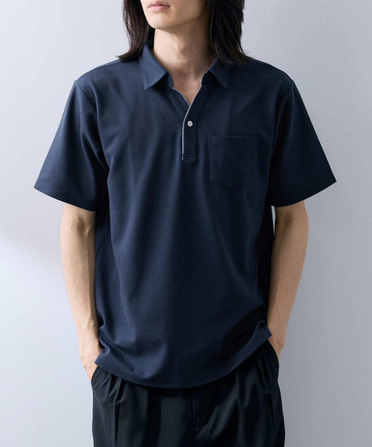NAVY SARARI リップル 無地スキッパーポロシャツ メンズ