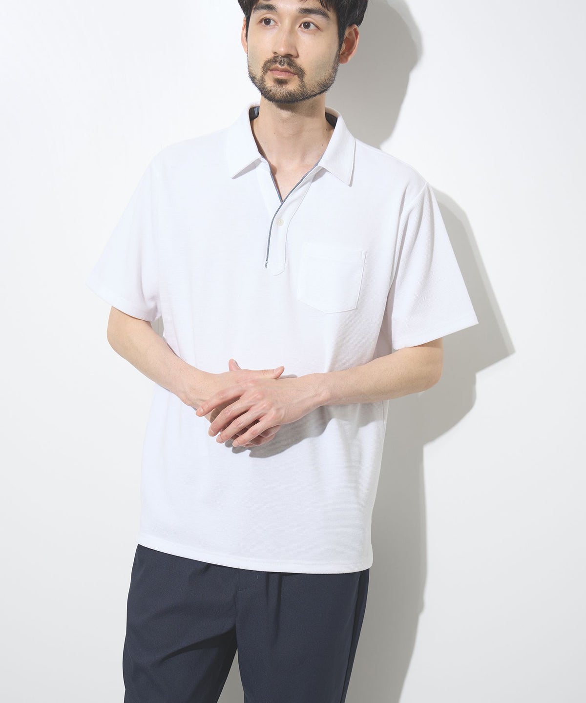 NAVY SARARI リップル 無地スキッパーポロシャツ メンズ