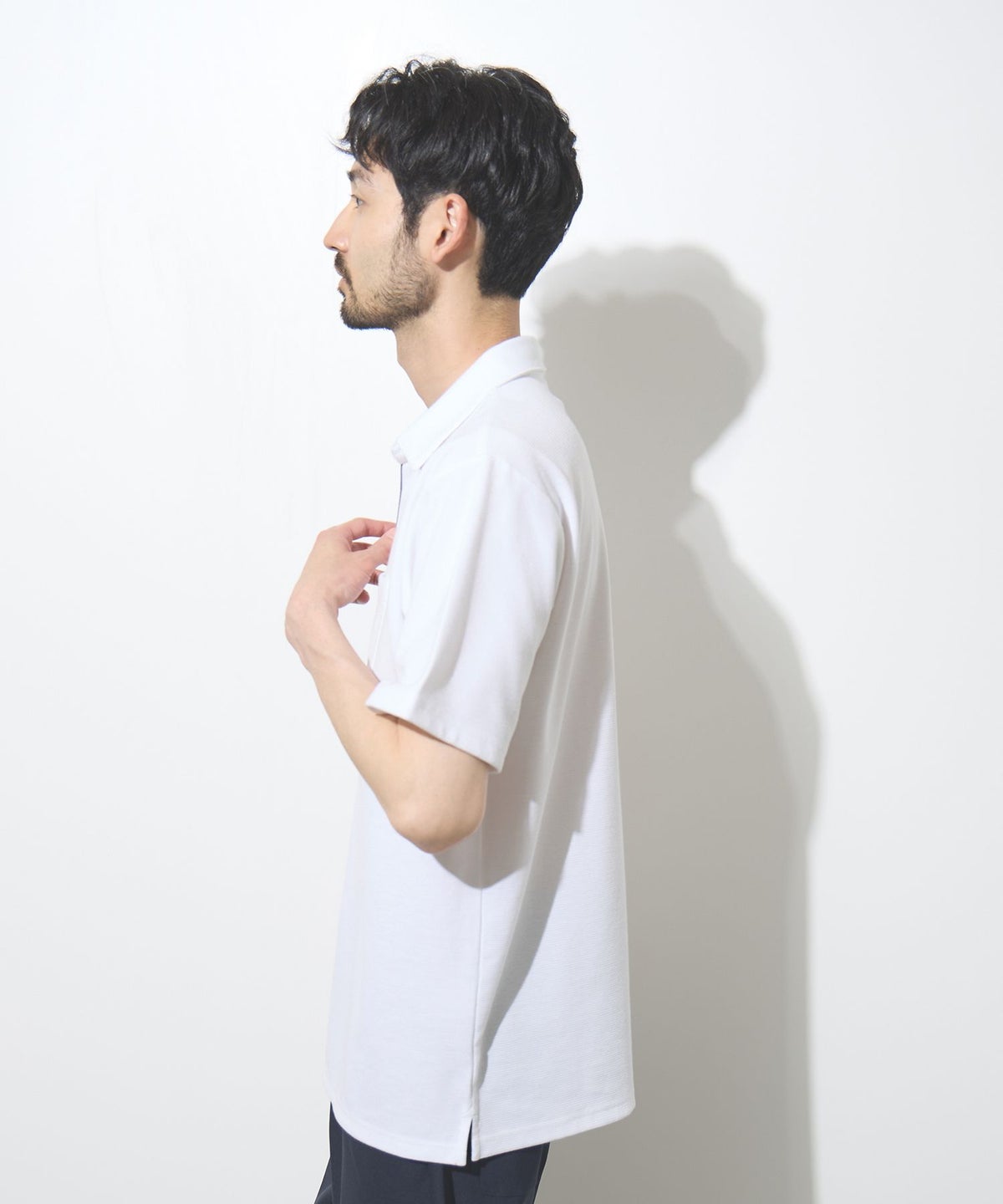 NAVY SARARI リップル 無地スキッパーポロシャツ メンズ