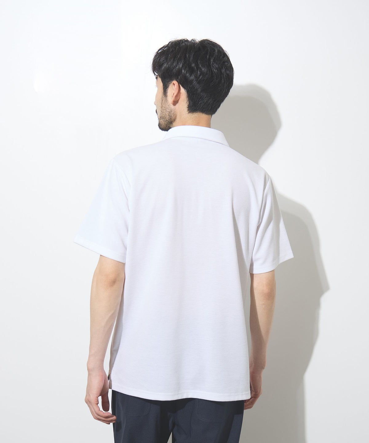 NAVY SARARI リップル 無地スキッパーポロシャツ メンズ