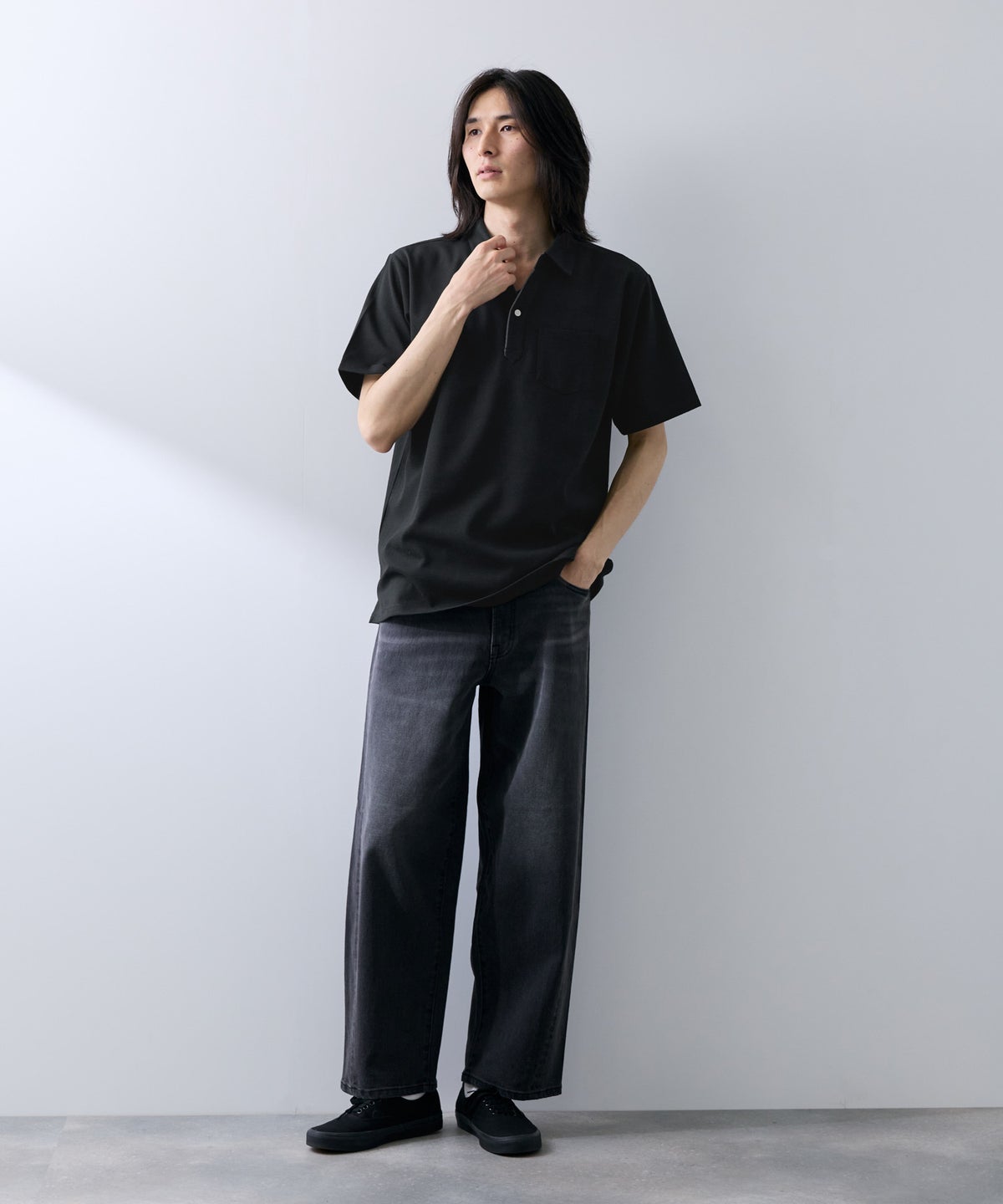 NAVY SARARI リップル 無地スキッパーポロシャツ メンズ