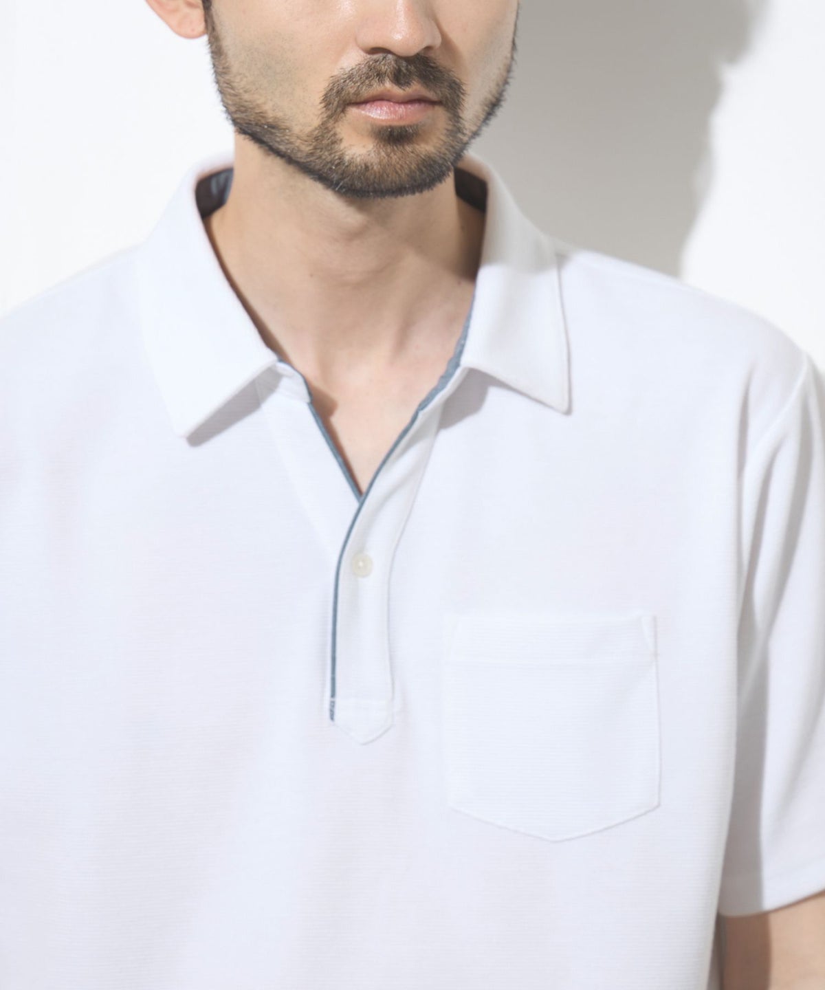 NAVY SARARI リップル 無地スキッパーポロシャツ メンズ