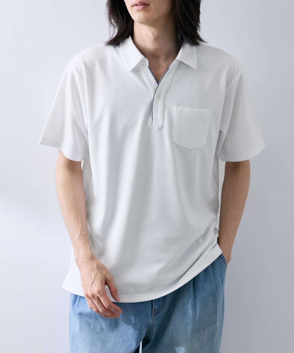 NAVY SARARI リップル 無地スキッパーポロシャツ メンズ