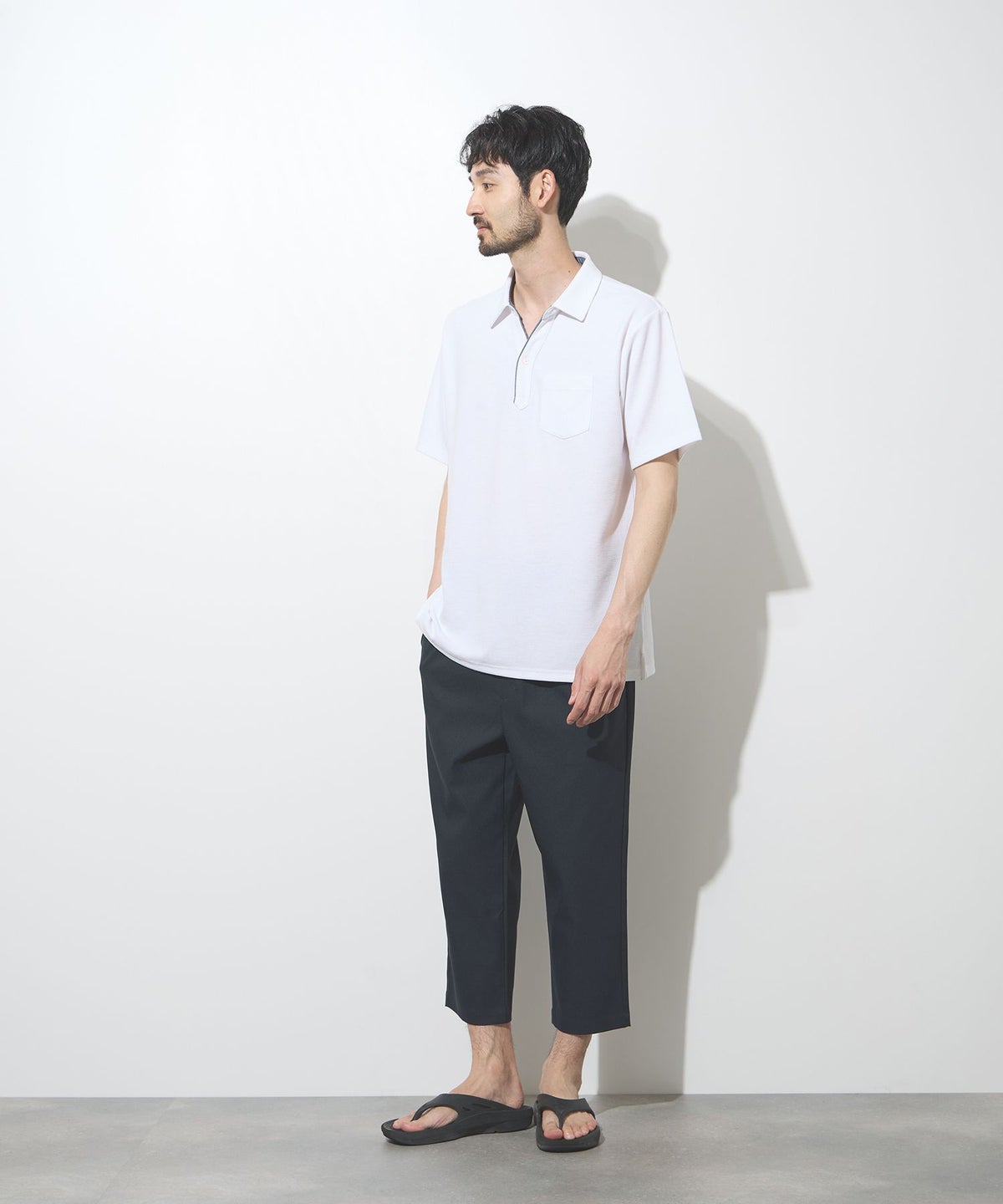 NAVY SARARI リップル 無地スキッパーポロシャツ メンズ