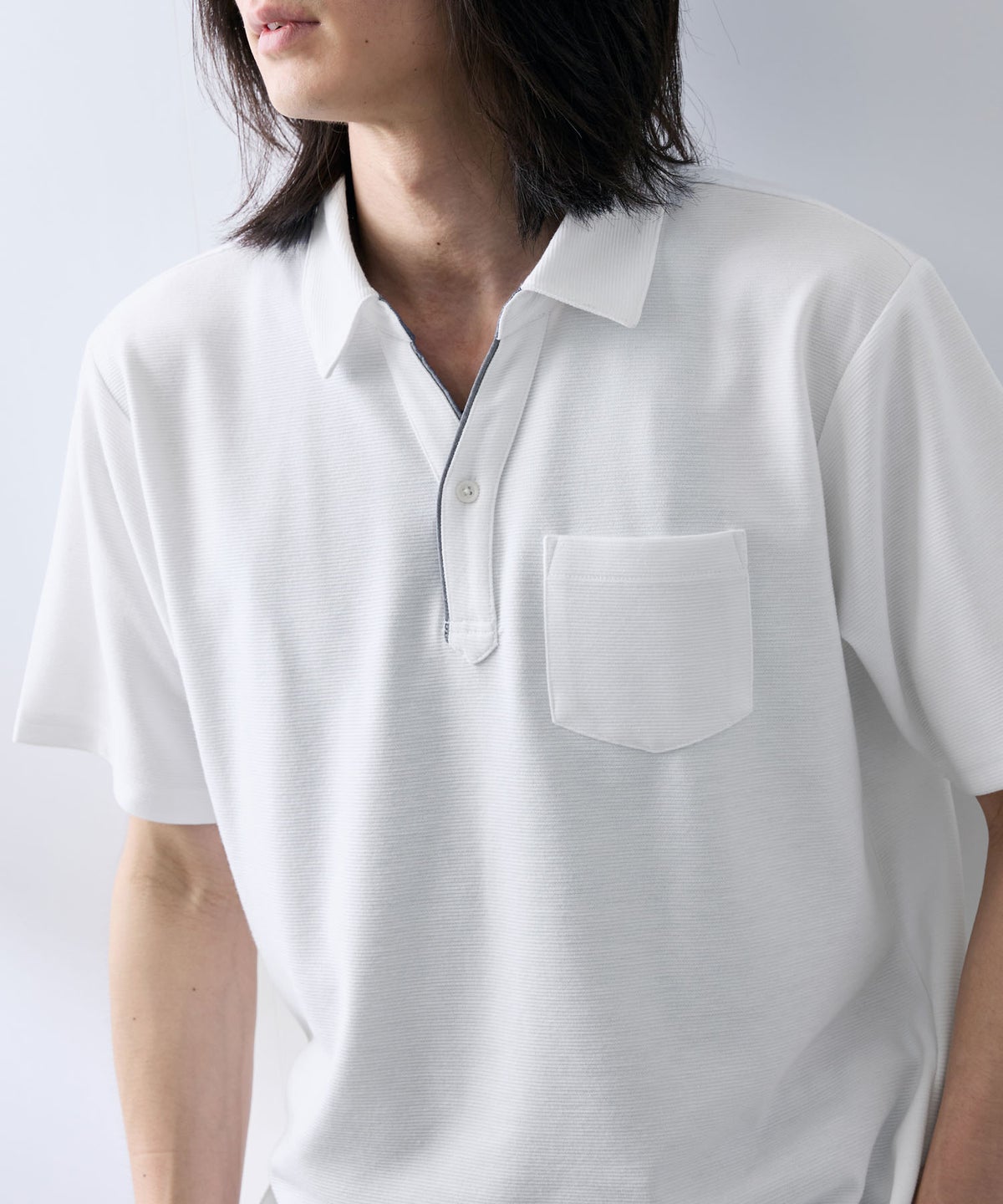 NAVY SARARI リップル 無地スキッパーポロシャツ メンズ