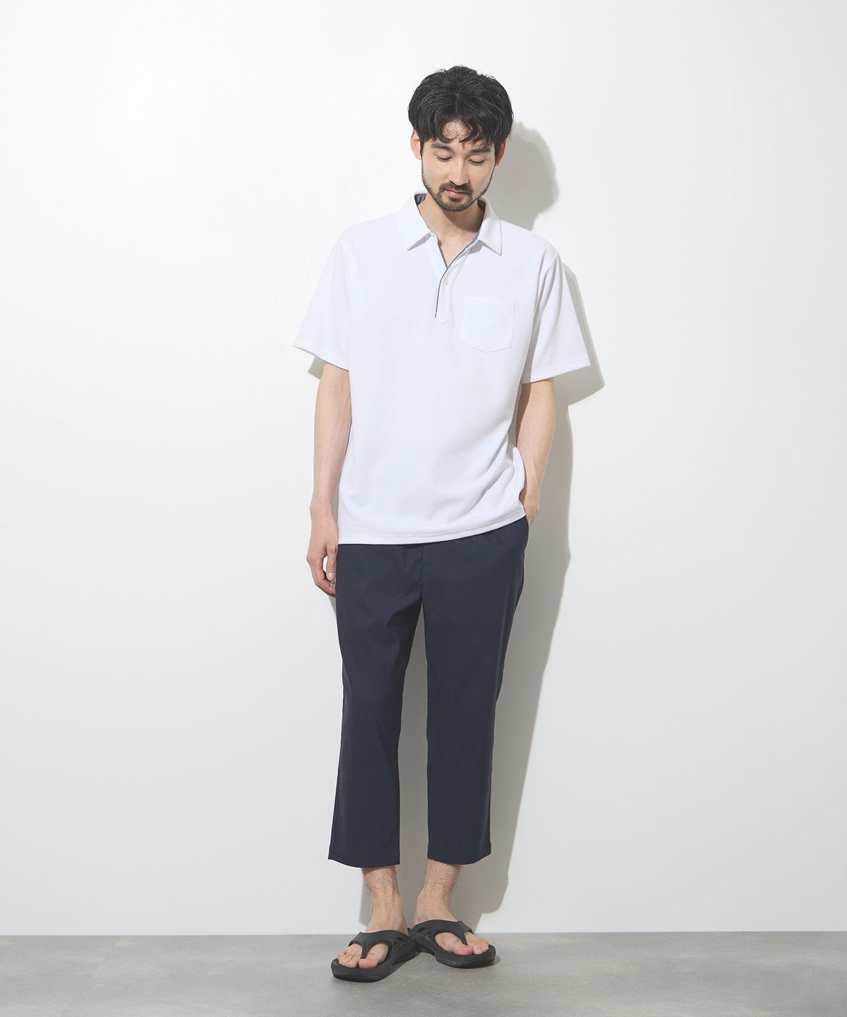 NAVY SARARI リップル 無地スキッパーポロシャツ メンズ