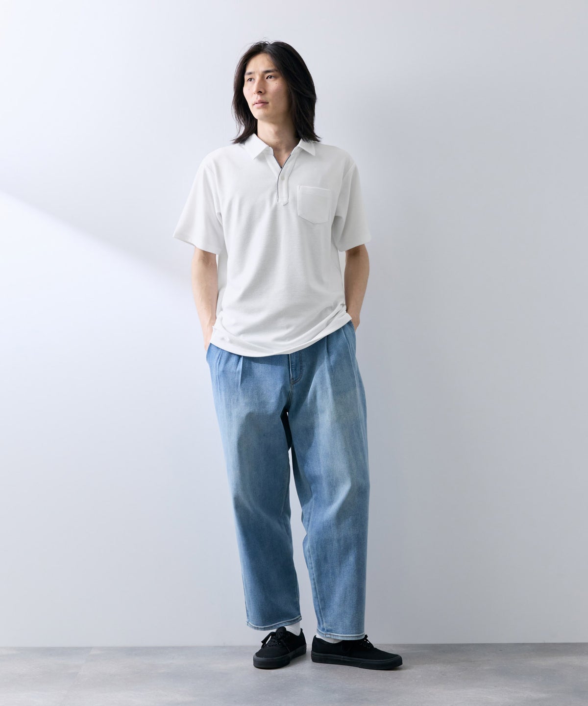 NAVY SARARI リップル 無地スキッパーポロシャツ メンズ