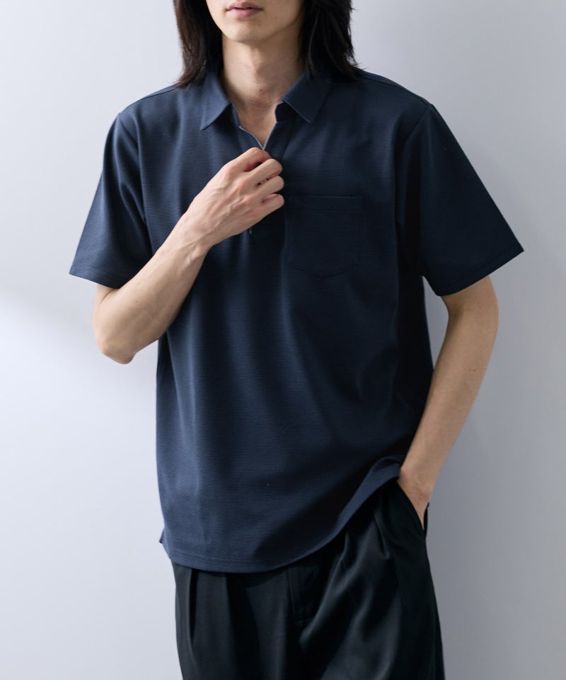 NAVY SARARI リップル 無地スキッパーポロシャツ メンズ商品画像-15