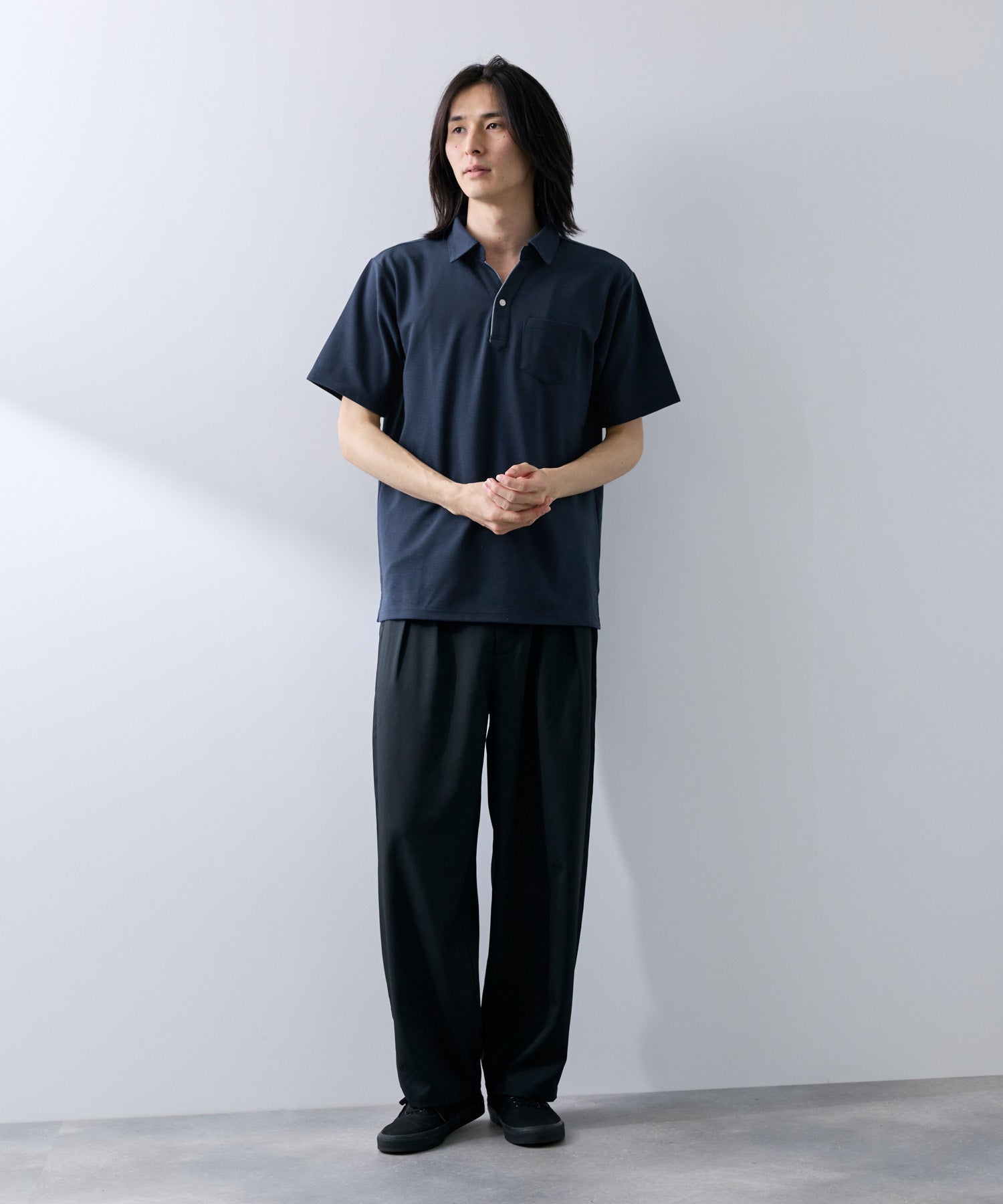 NAVY SARARI リップル 無地スキッパーポロシャツ メンズ