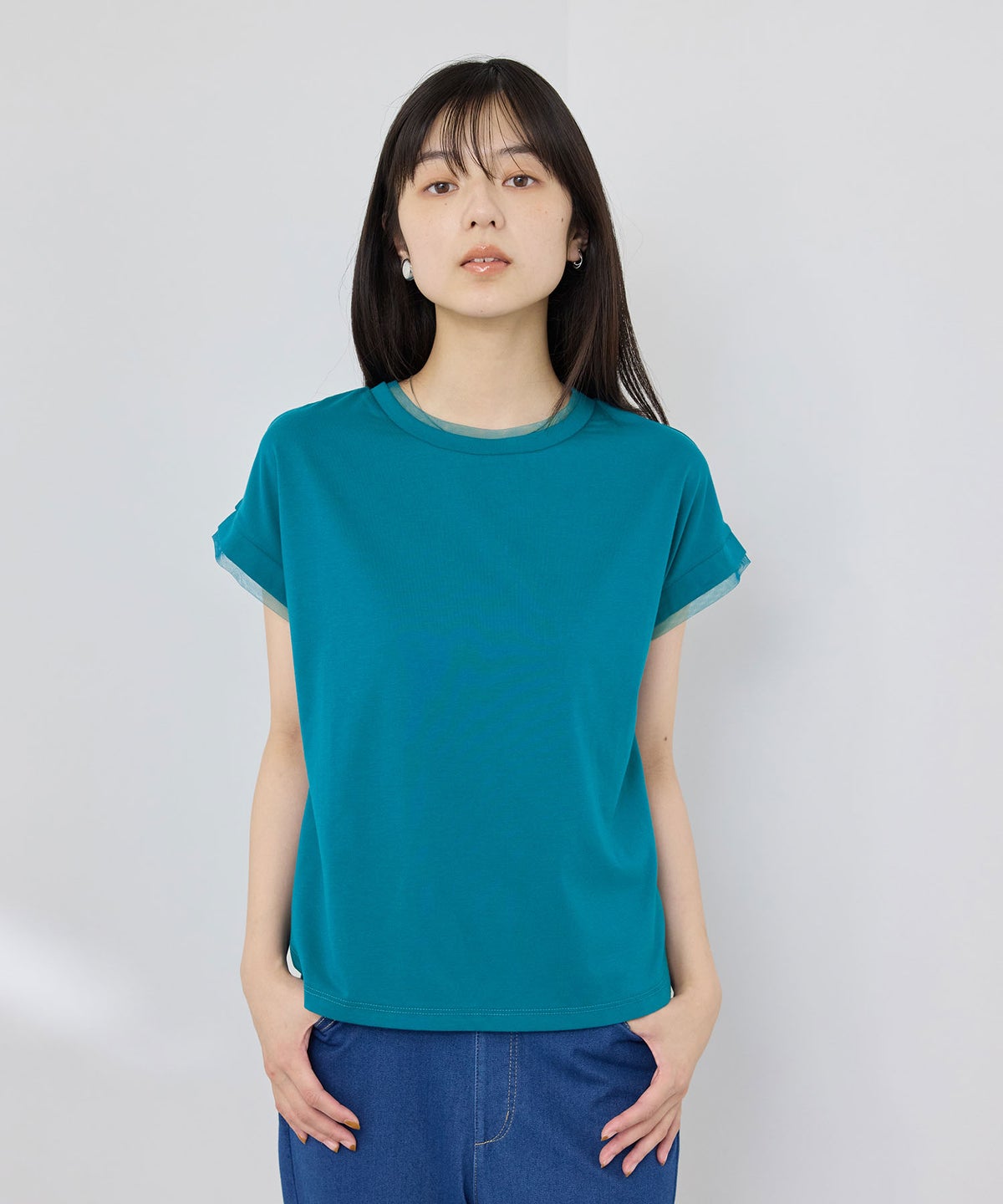 NAVY SARARI 冷感 UVカット チュールレース使いTシャツ レディース メール便 対応商品