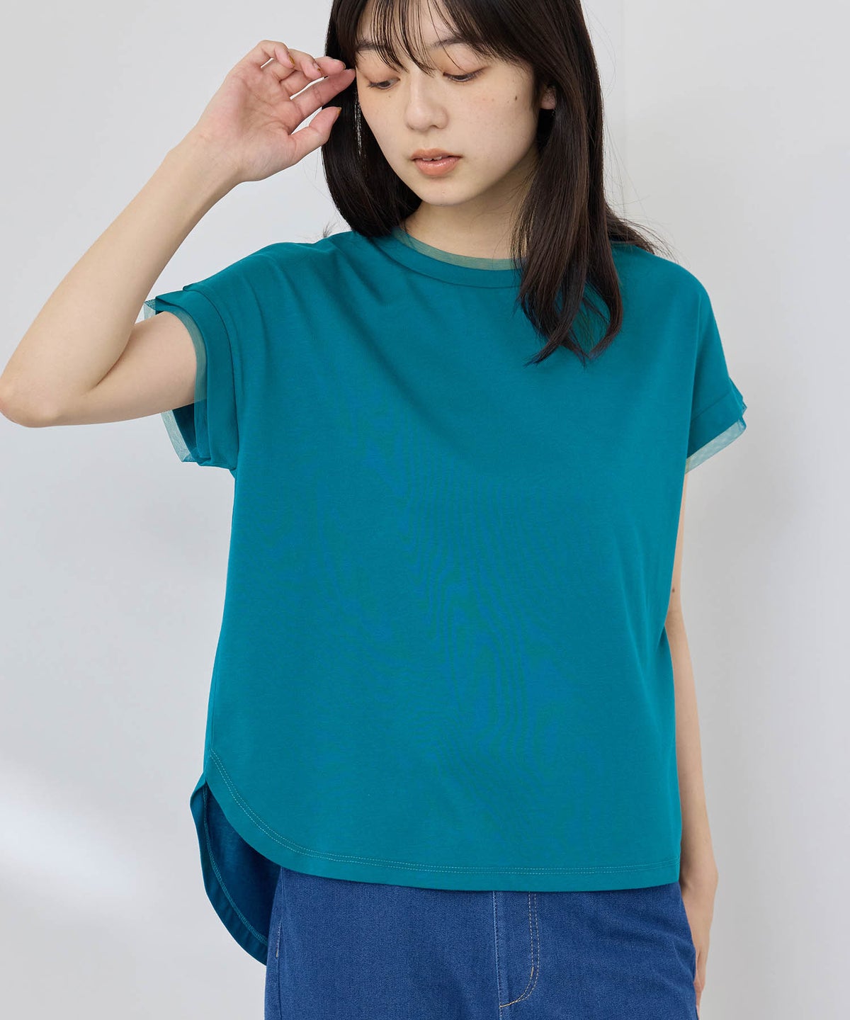 NAVY SARARI 冷感 UVカット チュールレース使いTシャツ レディース メール便 対応商品