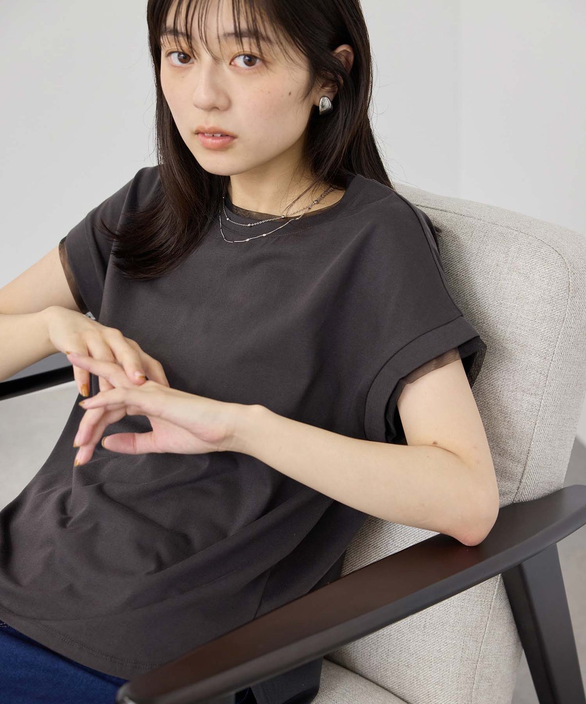 NAVY SARARI 冷感 UVカット チュールレース使いTシャツ レディース メール便 対応商品