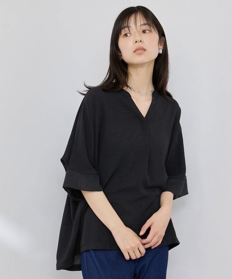 NAVY  SARARI 冷感 UVカット シボ生地スキッパーネックプルオーバー レディース メール便 対応商品商品画像-5