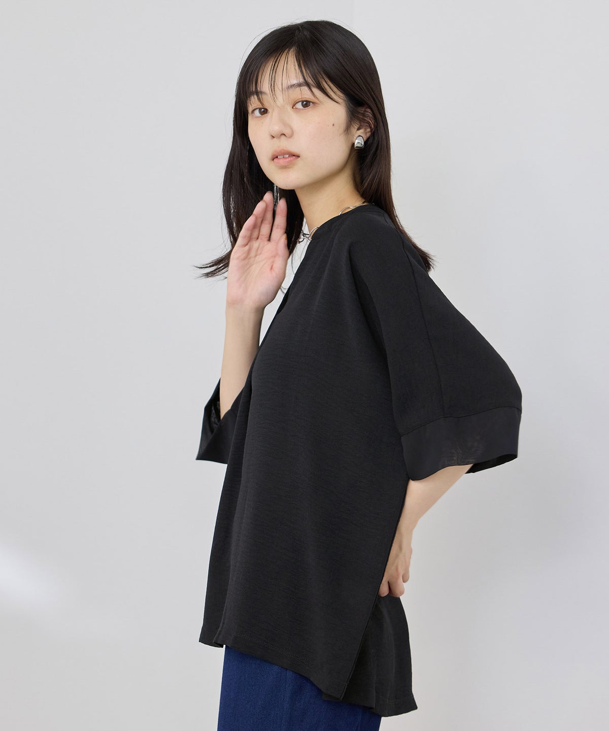 NAVY SARARI 冷感 UVカット シボ生地スキッパーネックプルオーバー レディース メール便 対応商品