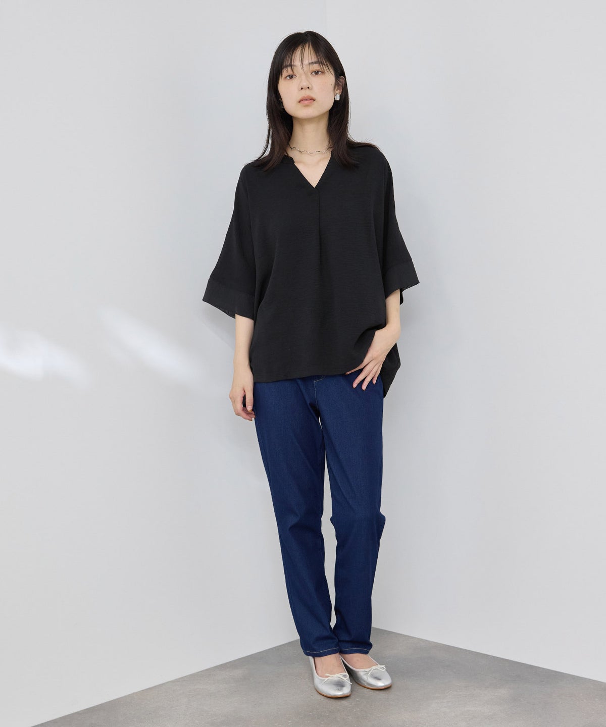 NAVY SARARI 冷感 UVカット シボ生地スキッパーネックプルオーバー レディース メール便 対応商品