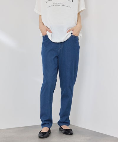 NAVY SARARI 冷感 デニムライク ジャージースリムテーパード パンツ レディース