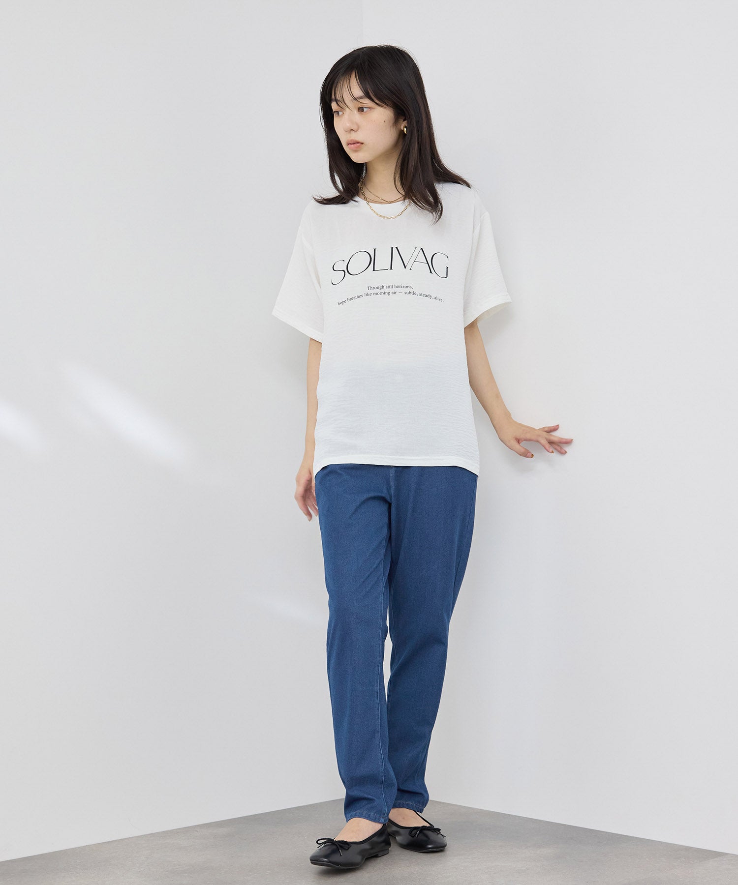 NAVY SARARI 冷感 デニムライク ジャージースリムテーパード パンツ
