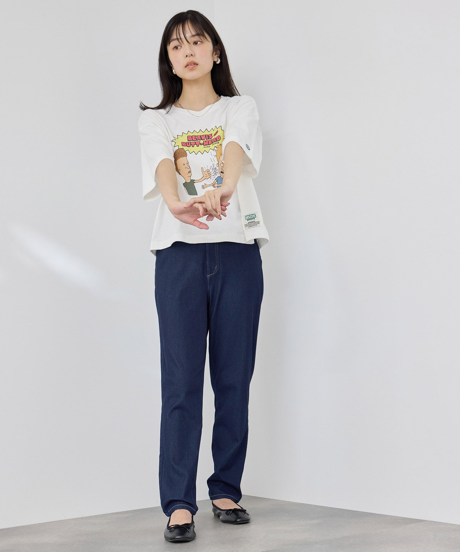 NAVY SARARI 冷感 デニムライク ジャージースリムテーパード パンツ