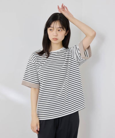 NAVY SARARI 袖配色プレーティング クルーネック Tシャツ レディース メール便 対応商品